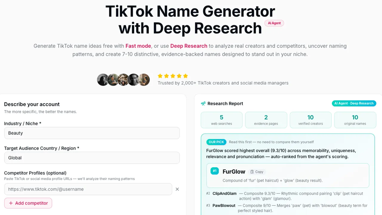 TikTok Name Generator Agent — Generate TikTok names free with Fast mode, or use Deep Research to analyze competitors and create 7-10 distinctive, evidence-backed name ideas.