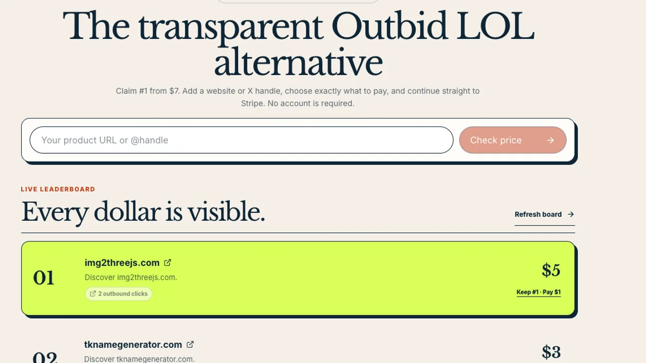 outbid lol — Try an outbid lol alternative where websites pay to rank. BidLOL shows every verified bid, charges the exact boost amount, and tracks outbound clicks.