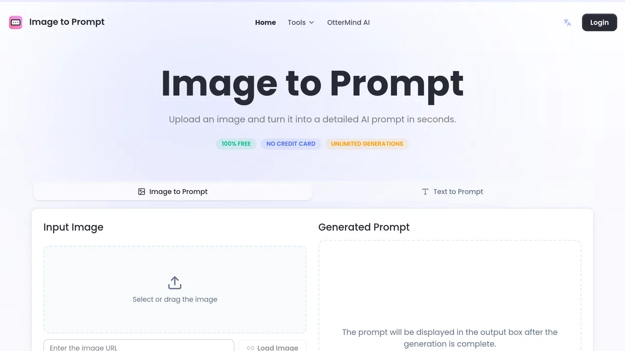 Image to Prompt — Transform your images into detailed AI prompts instantly, completely free and without any limits on generations.