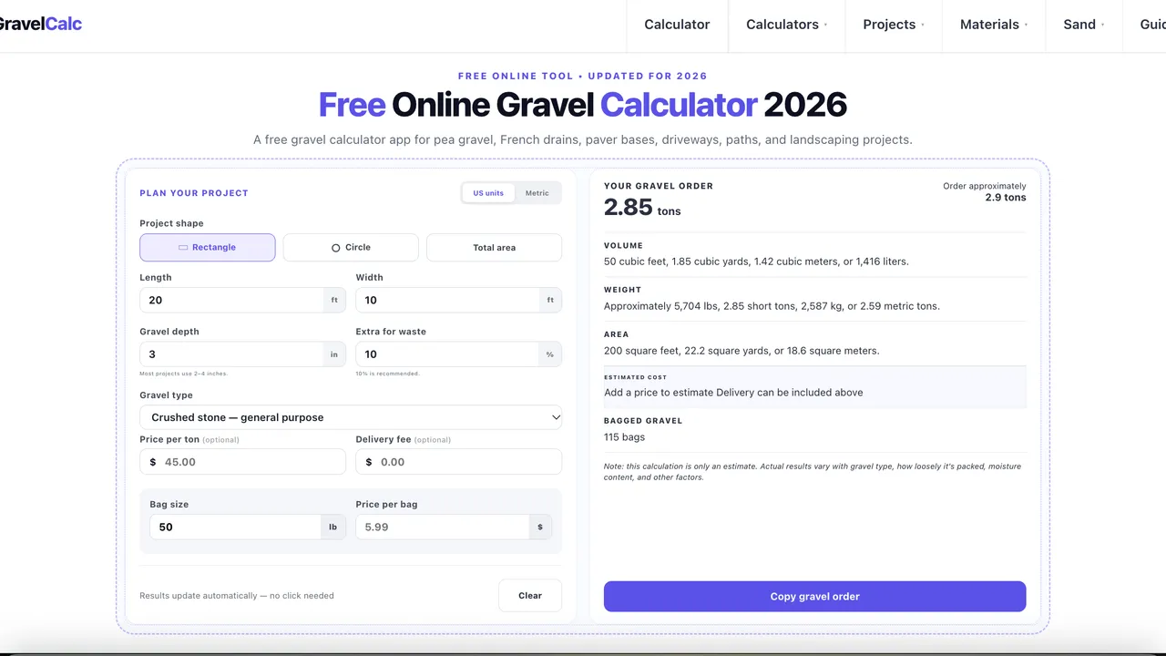 Gravel Calculator — Estimate gravel tons, cubic yards, and cost for driveways, paths, and landscaping projects