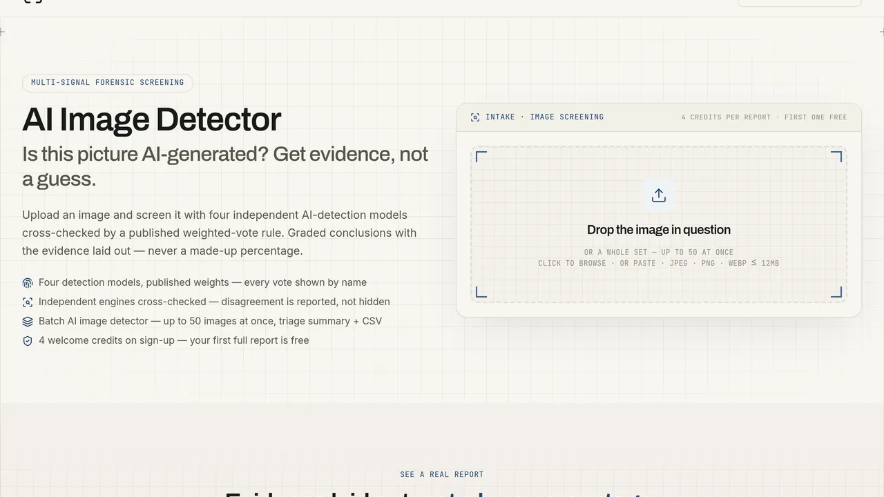 AI Image Detector — AI Image Detector is a tool that cross-checks multiple AI detection models to determine if an image is AI-generated, providing graded conclusions based on evidence rather 