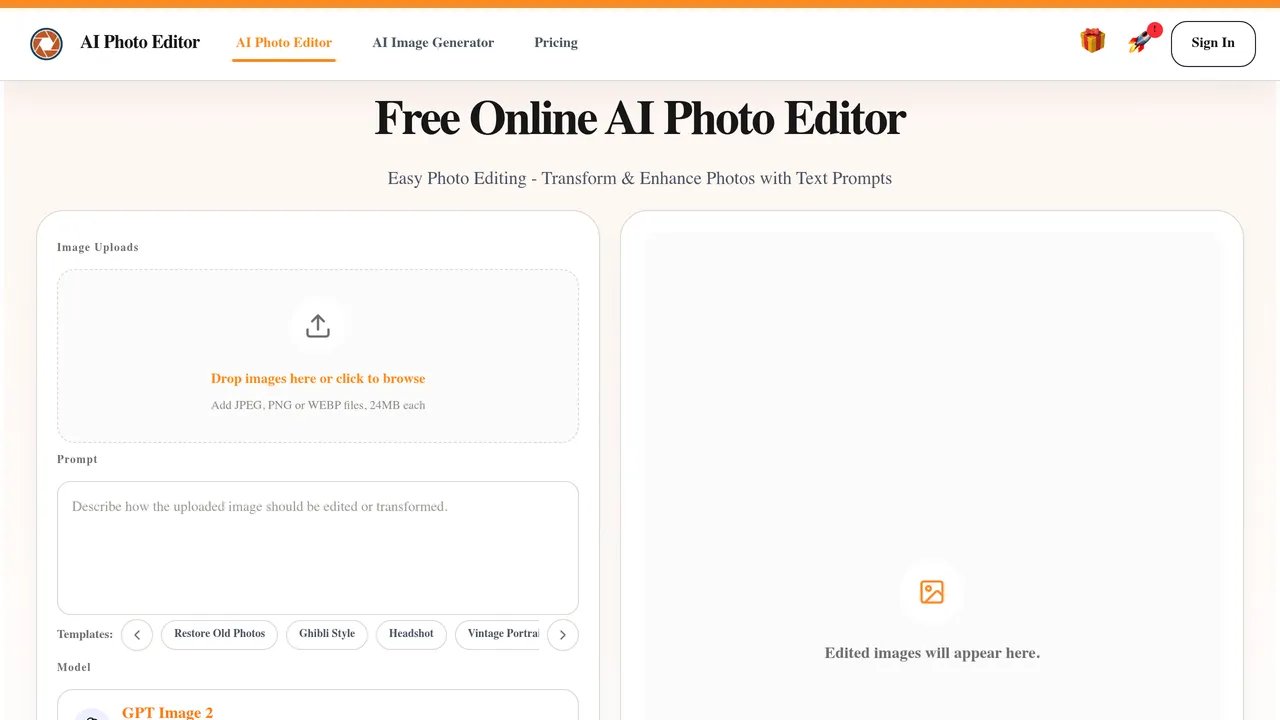 AI Photo Editor — Free AI photo editor online for fast, simple photo edits. Remove, replace, enhance, and restyle images in seconds with an easy AI editor.