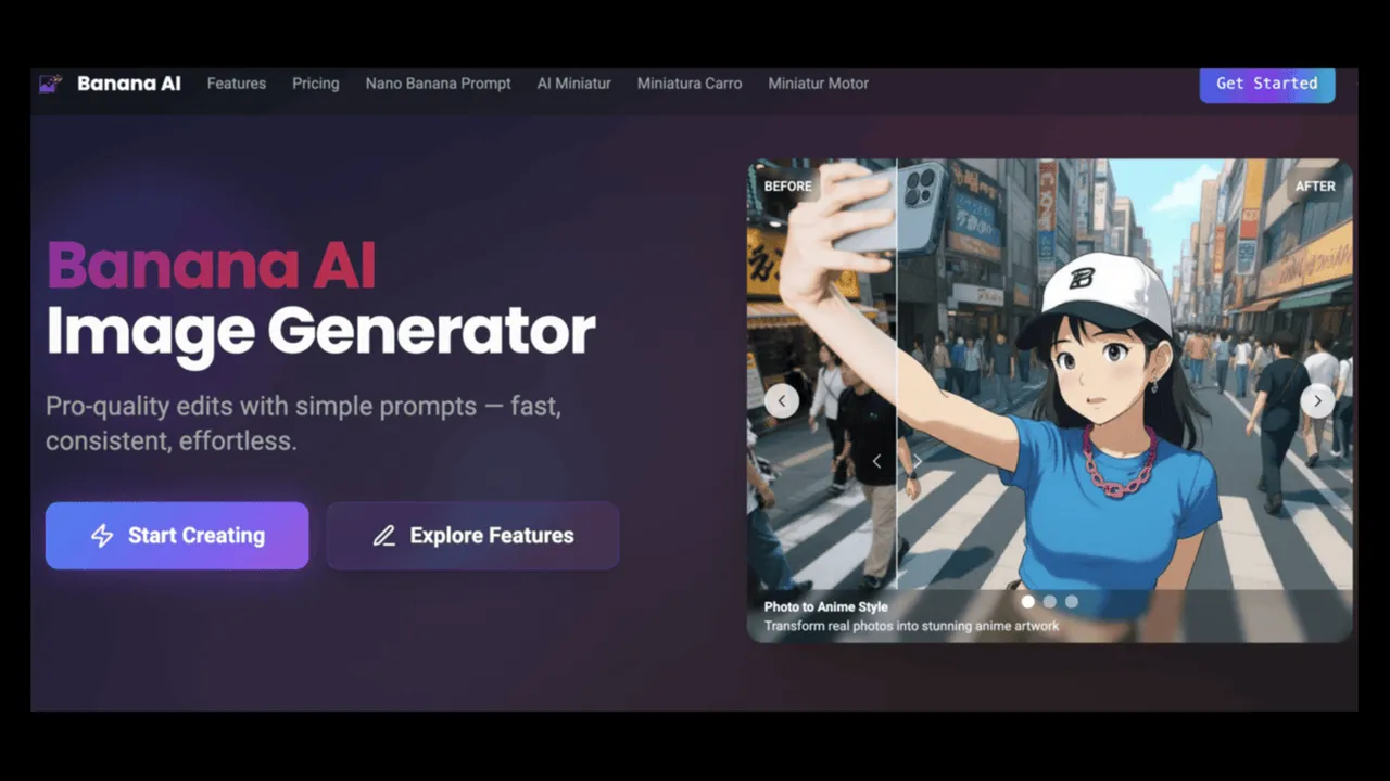 Banana AI — Free AI image and video generation platform. Transform photos, create cinematic videos, apply styles, background removal, and restoration—fast and easy.