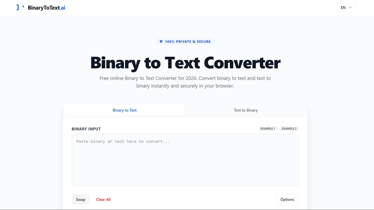 Binary to text — BinaryToText.ai is a free tool that converts binary to text and text to binary (ASCII/UTF-8) with clean, copy-ready results.
