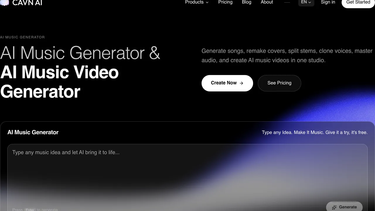 CAVN AI | AI Music Generator — CAVN AI is an innovative platform that allows users to generate music and music videos using AI technology, offering a range of features for creators and artists.
