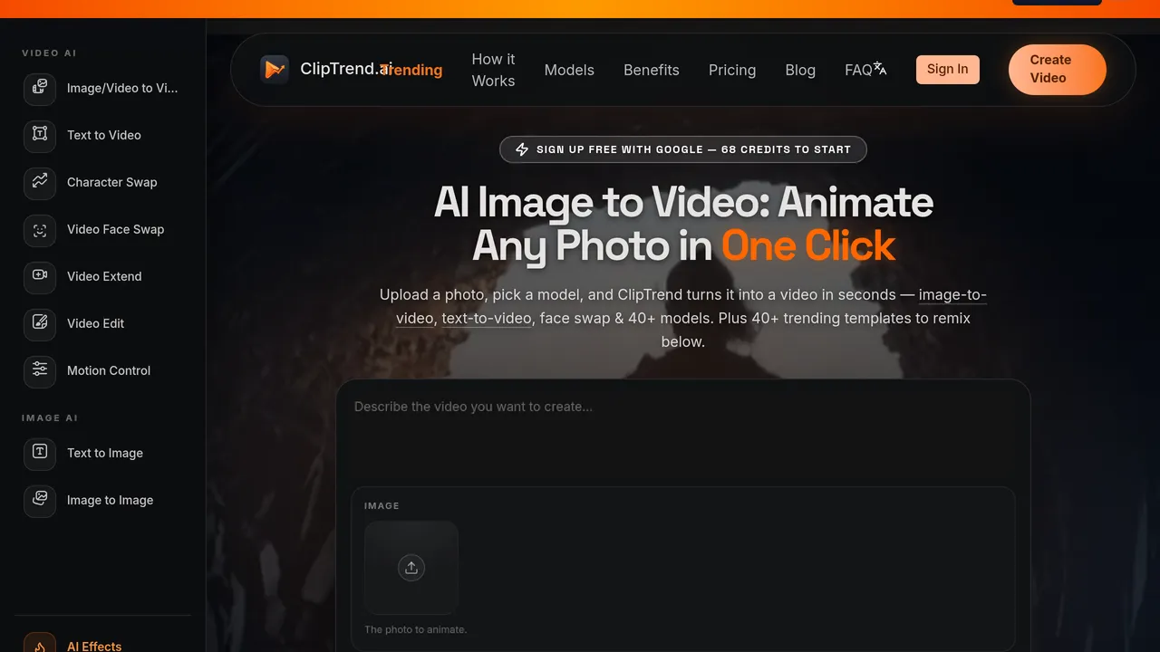 ClipTrend.ai — ClipTrend.ai turns photos or text prompts into social-ready AI videos with one-click viral templates and top models like Kling, Veo, Seedance, and Wan.