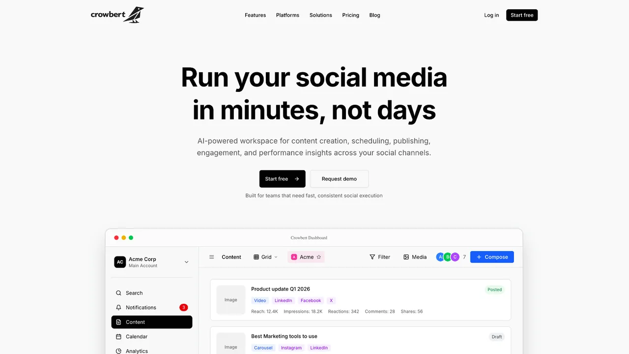 Crowbert — Run your social media in minutes, not days