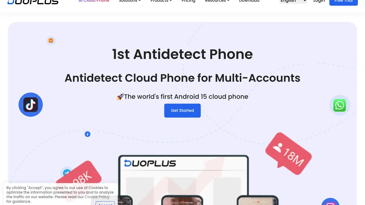 DuoPlus Cloud Phone — DuoPlus Cloud Phone helps you run unlimited accounts on independent Android environments. With RPA automation workflows, repetitive tasks across multiple accounts become more