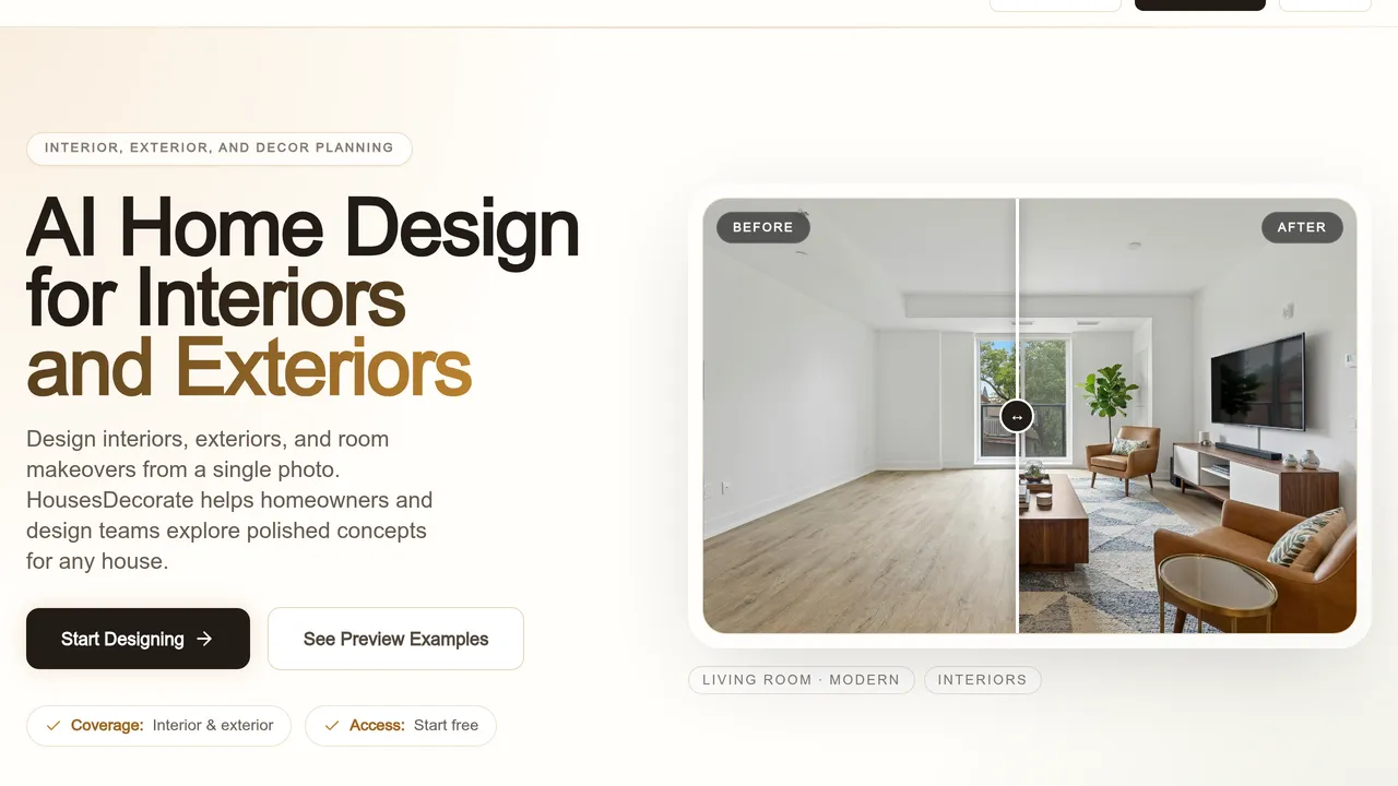 HousesDecorate — Design interiors, exteriors, and room makeovers with AI home design. Upload a photo, explore styles, and decorate any house in seconds with HousesDecorate.