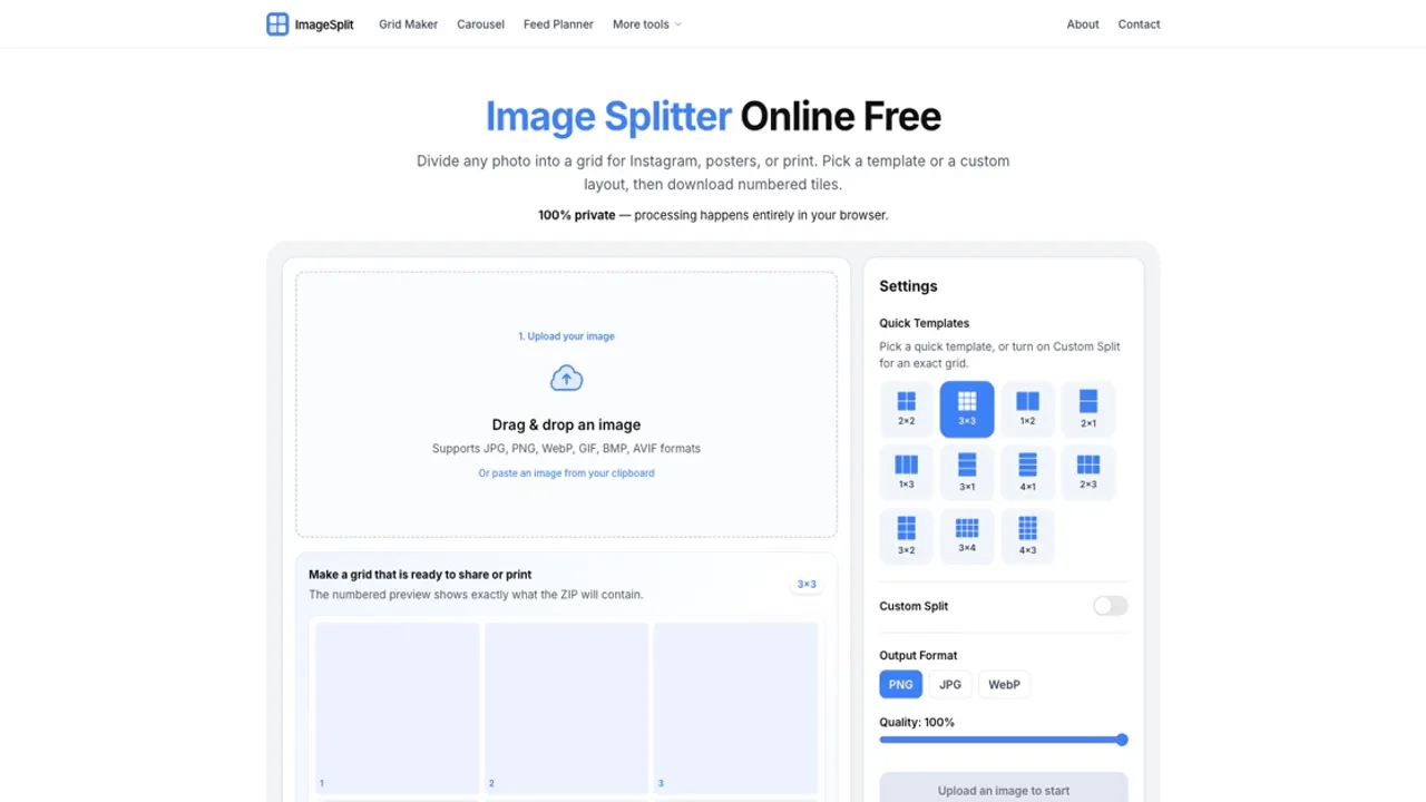 ImageSplit — Free browser image splitter for Instagram grids, posters, and ZIP downloads.
