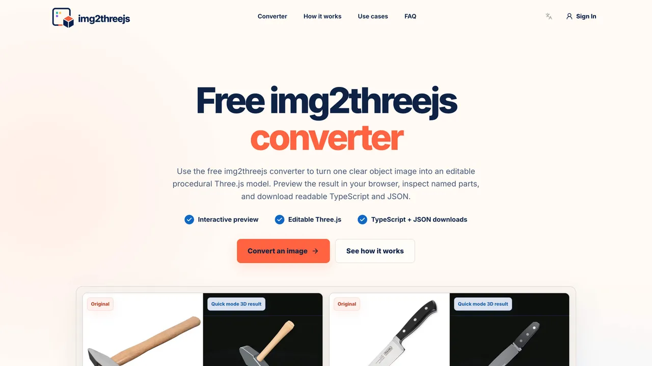 Img2threejs converter online — img2threejs is a online image to Three.js converter. Create editable web 3D models, preview named parts, and download TypeScript and JSON.