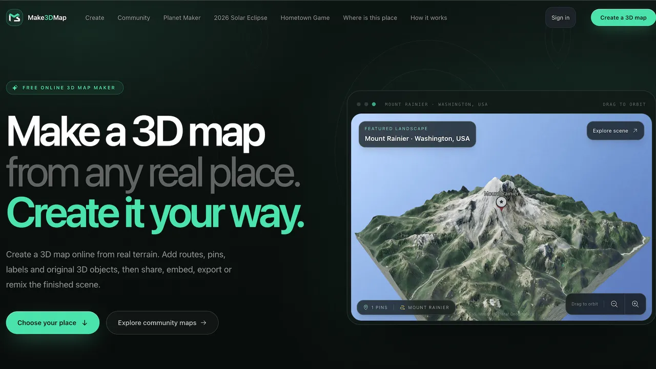 Make3DMap — AI-powered 3D map maker for creating real-elevation 3D terrain maps, interactive worlds, and custom planets online.
