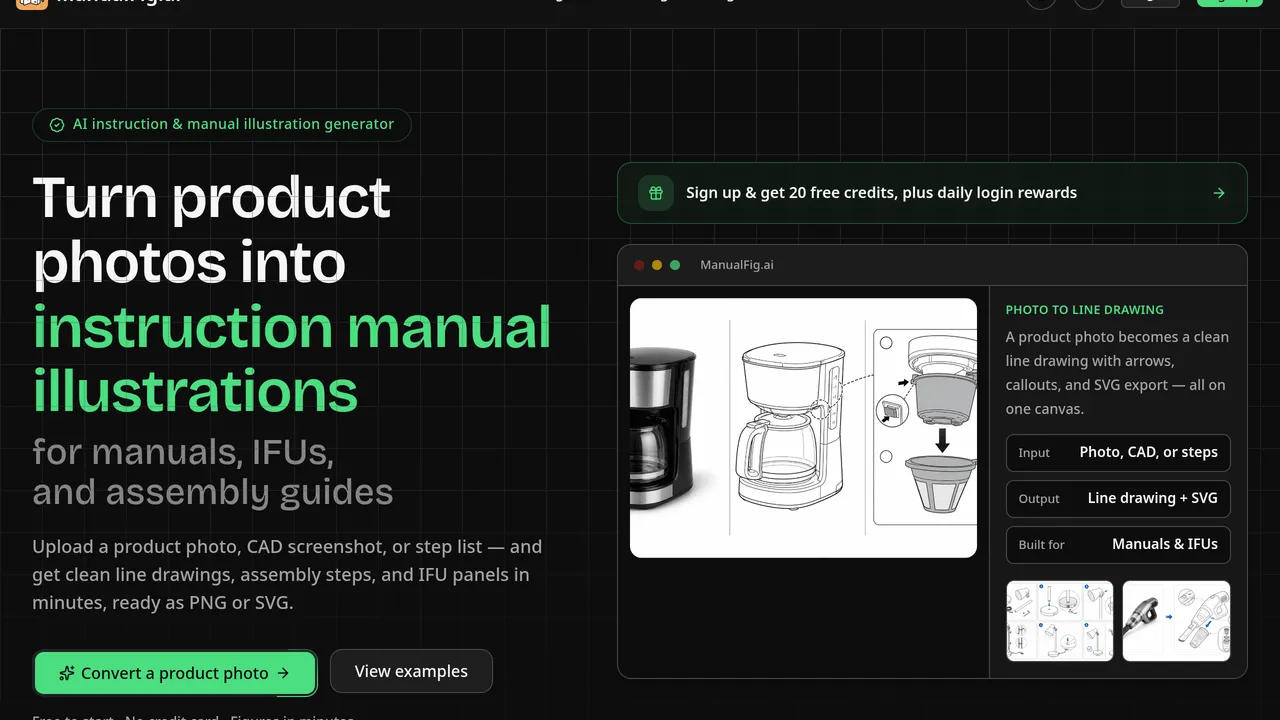 ManualFig — ManualFig is an AI-powered tool that transforms product photos into clear line drawings and assembly instructions, streamlining the creation of manuals and instructional content.