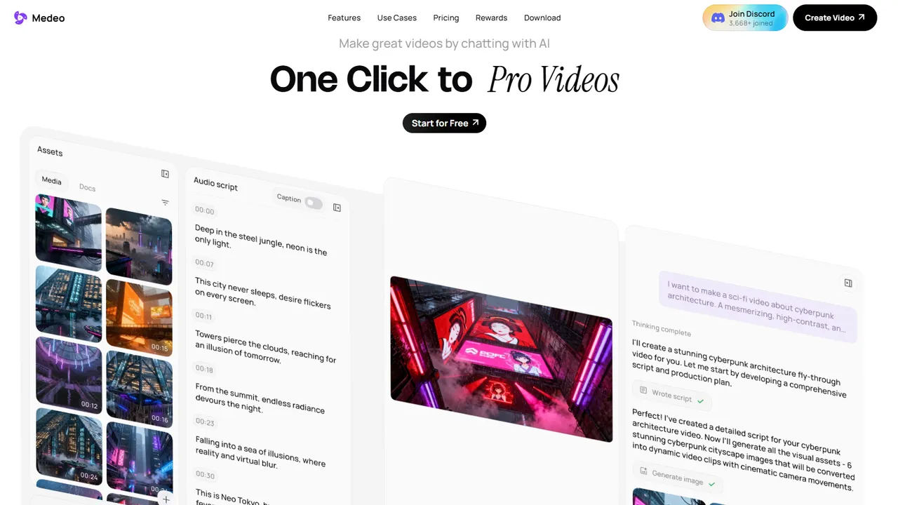 Medeo — Create finished, professional videos just by chatting. Medeo's AI agents handle scripting, visuals, voice, music, and editing, so you can turn any idea into a story-driven video without a crew or edit