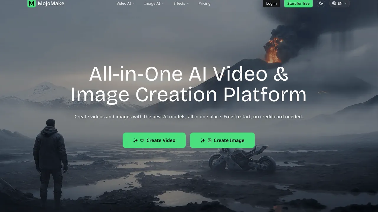 MojoMake AI Video & Image Studio — Generate AI video and image with Veo, Kling, Flux, and 15+ models — plus 100+ effects — in one account.