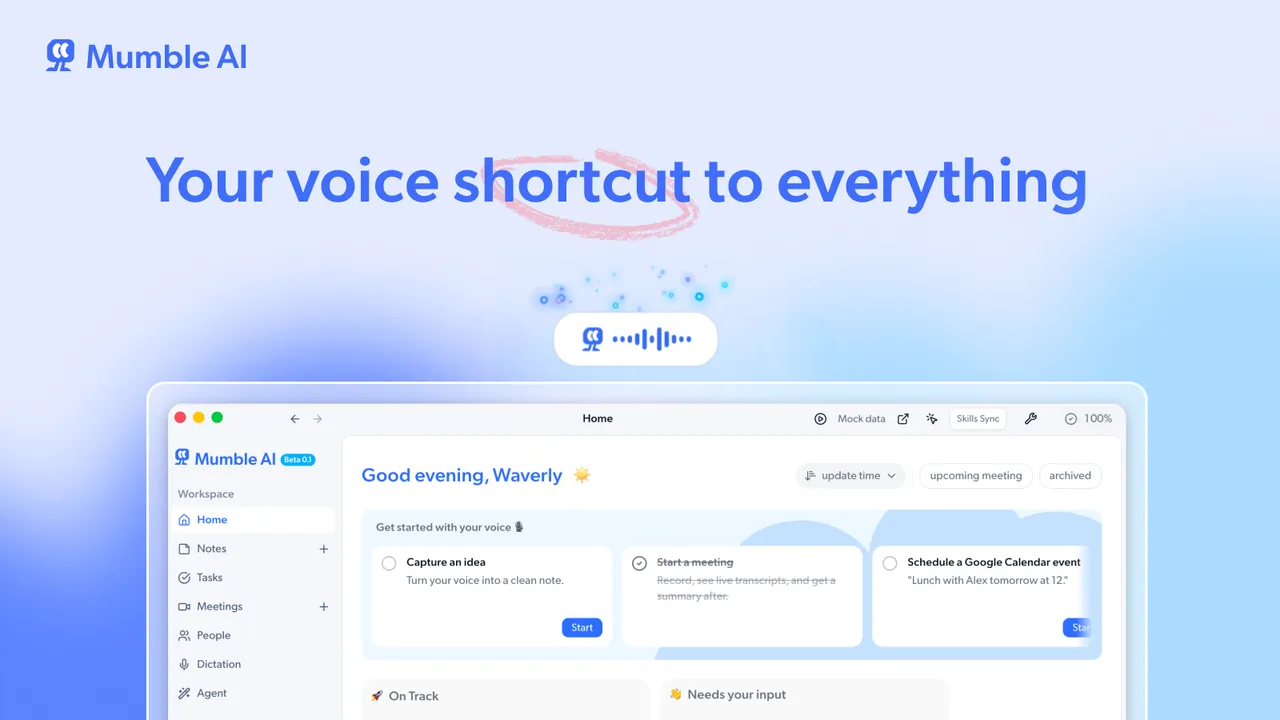 Mumble AI — Mumble AI is a voice-first productivity app for Mac that combines meeting recording, dictation, and voice notes in one place.