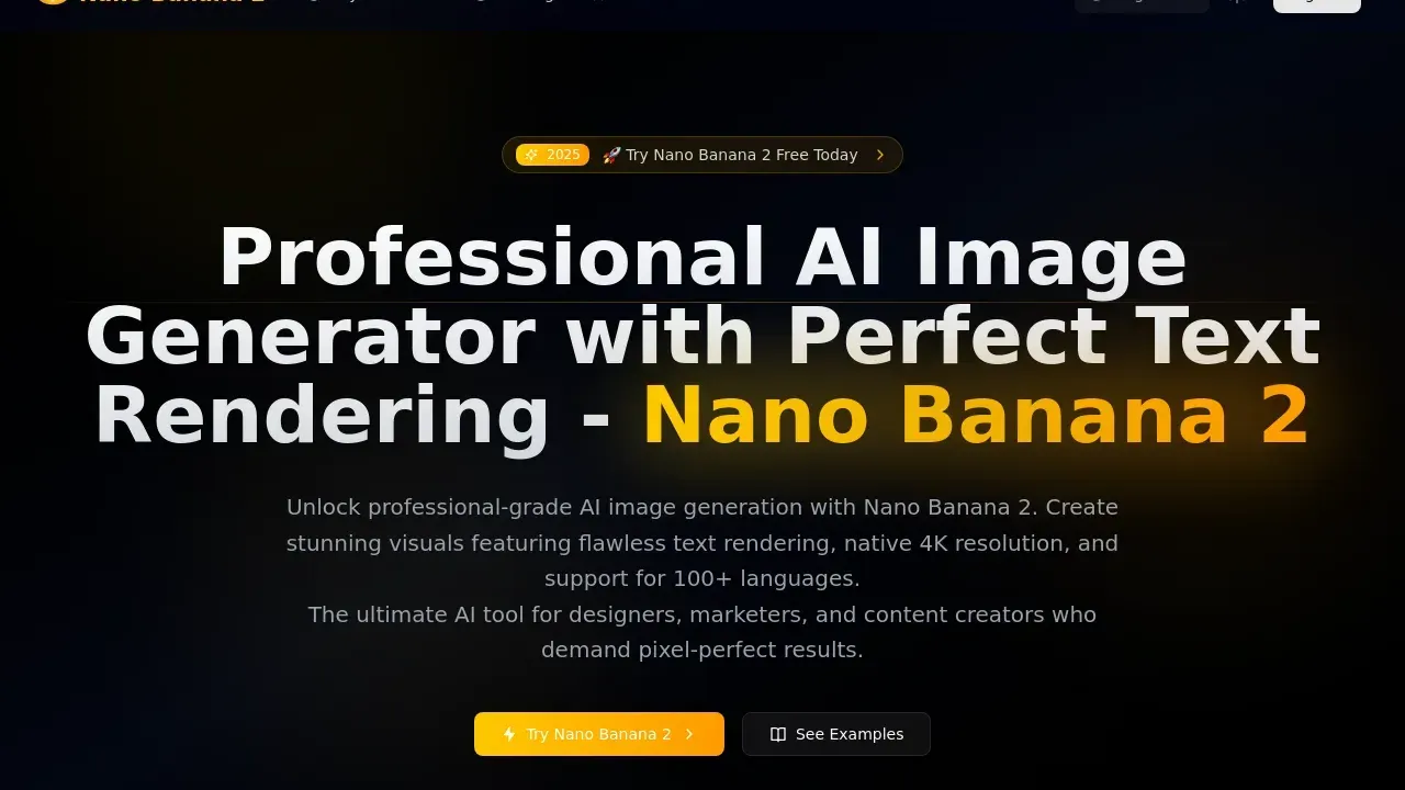 Nano Banana 2 — Professional AI image generator with flawless text rendering, native 4K output, and multilingual support, designed for creators and businesses.