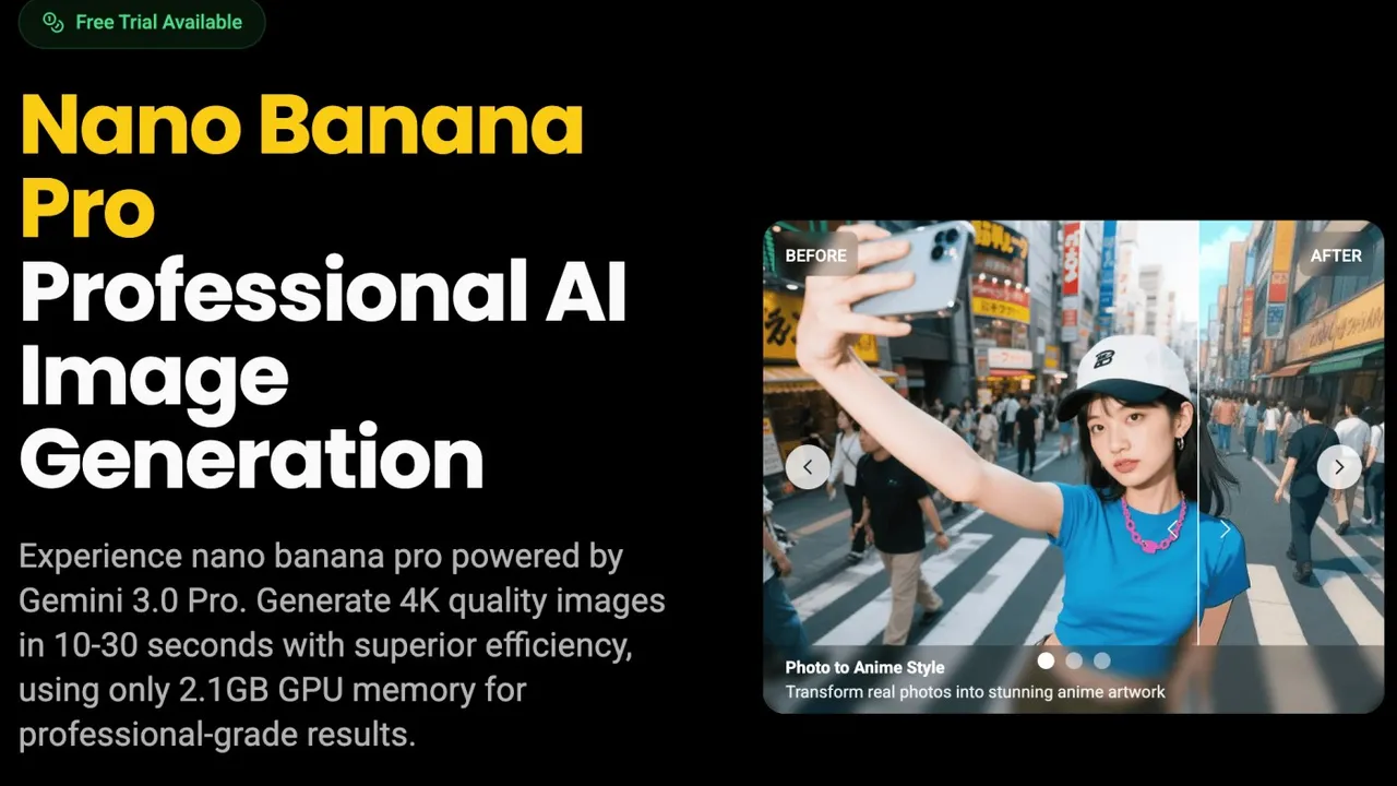 Nano Banana Pro — Professional AI image generation with Nano Banana Pro. Powered by Gemini 3.0 Pro, delivering 4K quality images in 10-30 seconds with superior efficiency.