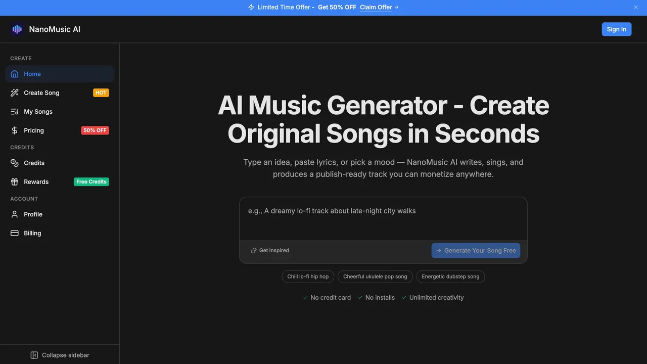 NanoMusic AI — Free AI music generator — complete songs with vocals from text in 30 seconds. No skills needed. Try the AI song generator used by 100,000+ creators.