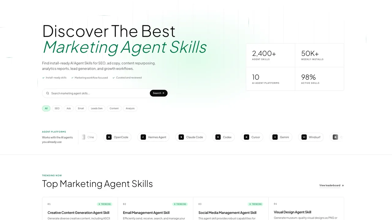 NanoSkill AI — NanoSkill.ai is a curated discovery platform for marketing-focused AI Agent Skills. It helps marketers, growth teams, SEO specialists, founders, and agencies find reusable