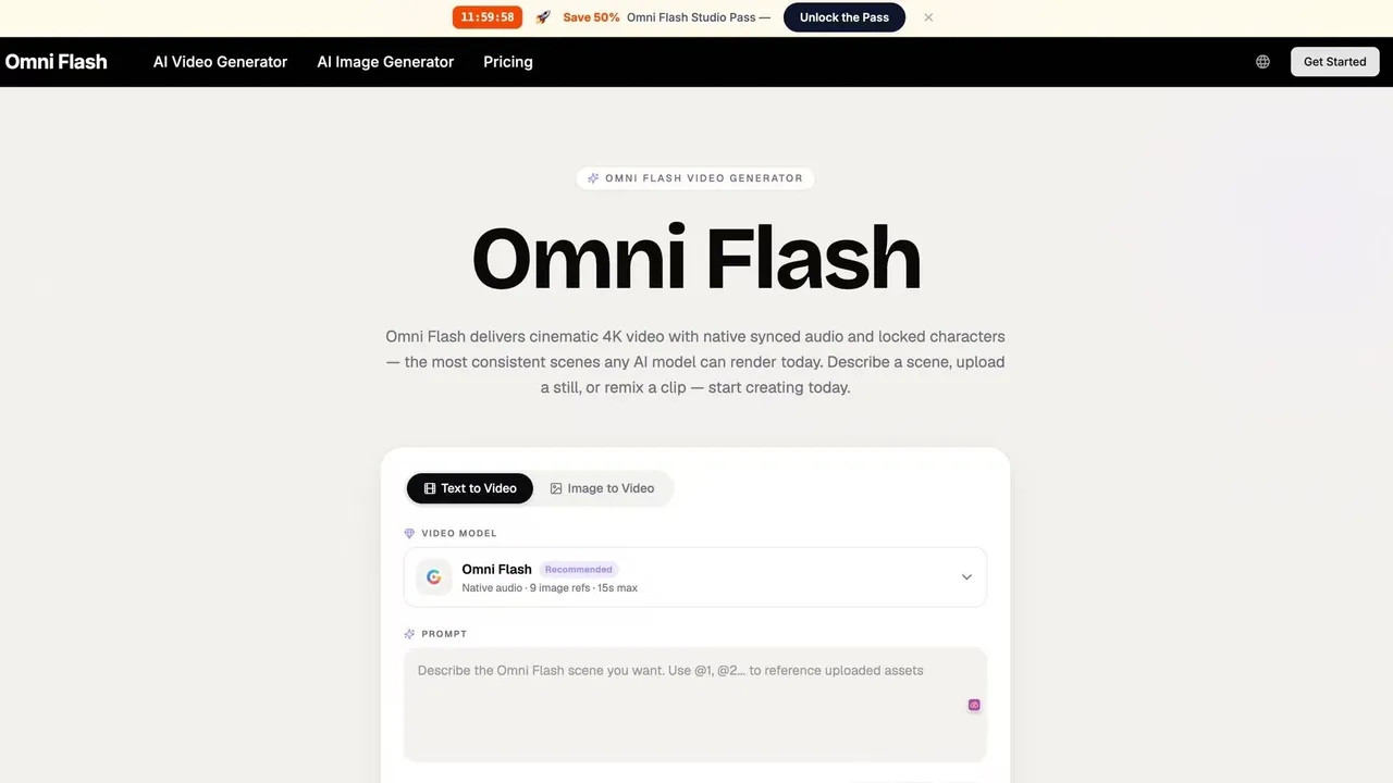 Omni Flash — Omni Flash is a multimodal AI video generator that produces cinematic 4K clips with native synced audio and locked character consistency from text, image, or video input.