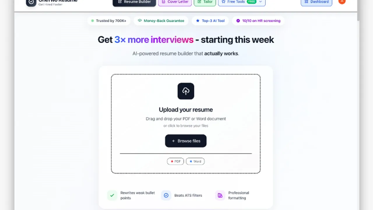 OneTwoResume — OneTwo Resume is an AI-powered resume builder that helps job seekers create, score, and tailor ATS-friendly resumes in minutes. 
