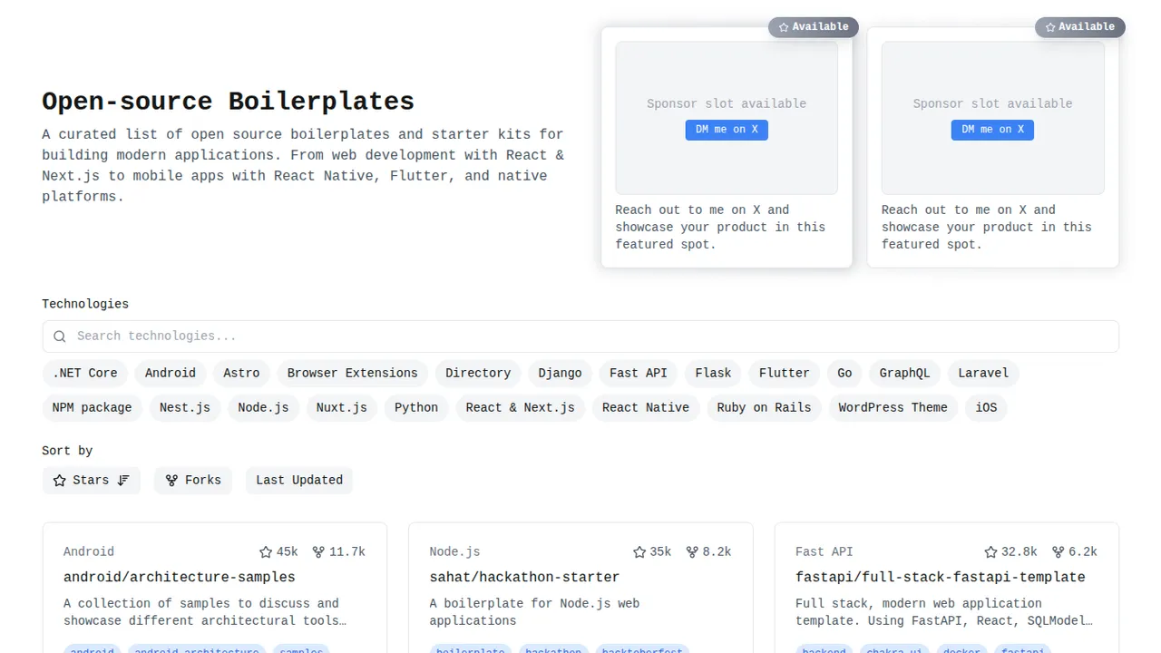 Opensource Boilerplates — A curated list of open source boilerplates and starter kits for building modern applications.