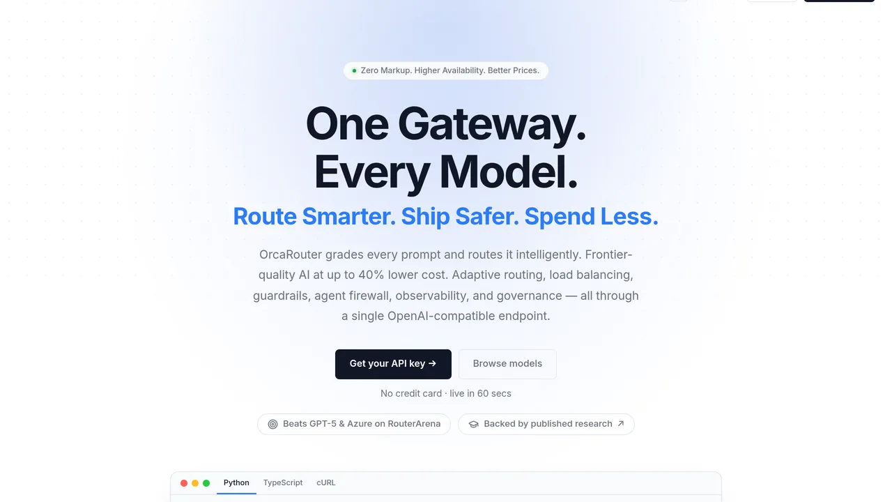 OrcaRouter — OrcaRouter is an AI gateway that intelligently routes prompts across 200+ models with adaptive routing, load balancing, built-in guardrails, agent firewall