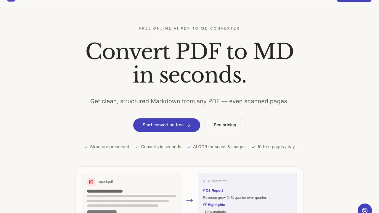 PDFtoMD — Convert any PDF into clean, structured Markdown in seconds with PDFtoMD, a free online AI tool that offers efficient PDF to MD conversion without the need for sign-up.