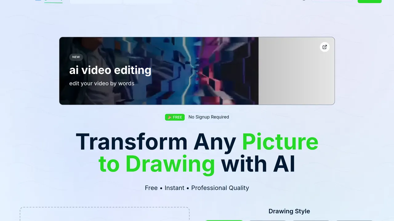 Picture to Drawing — Transform any photo into beautiful artistic drawings with our free AI-powered picture to drawing converter. Instant results, multiple art styles.