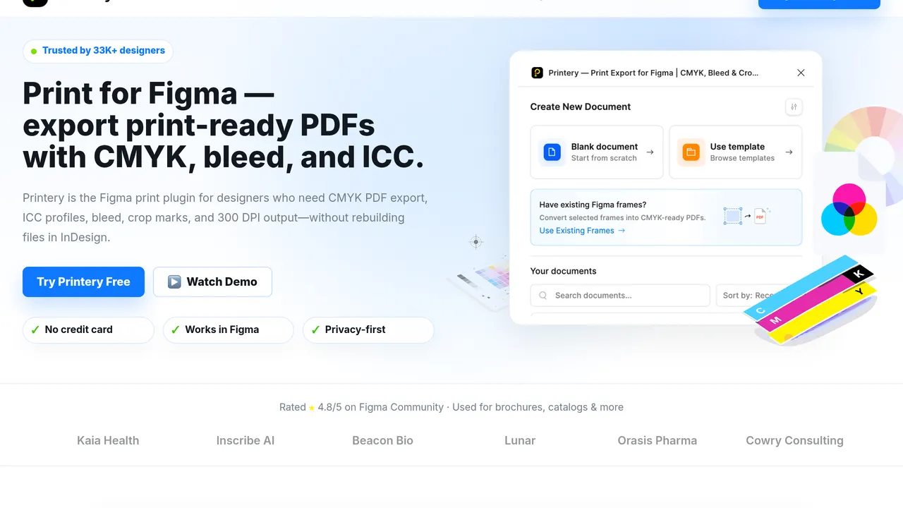 Printery - Print for Figma — Printery is a Figma print plugin that exports print-ready PDFs with CMYK conversion, ICC profiles, bleed, crop marks, DPI control, and multi-page output.