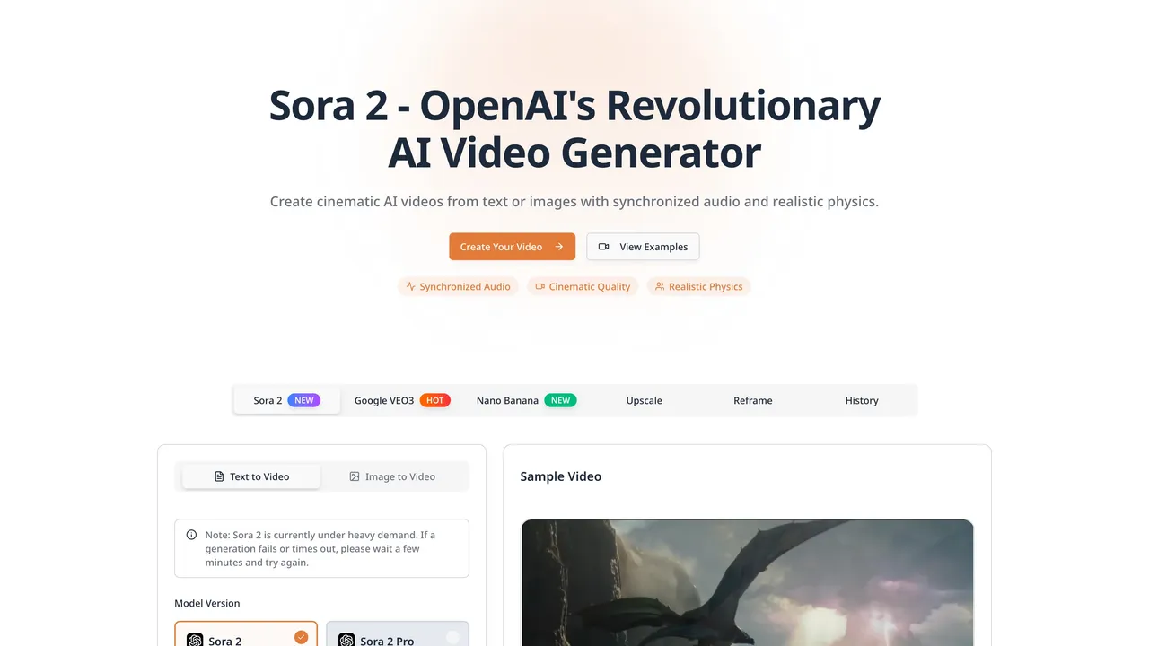 Sora 2 AI — Instant Film-Quality Videos — Transforms text prompts into cinematic masterpieces with physics-accurate simulations.