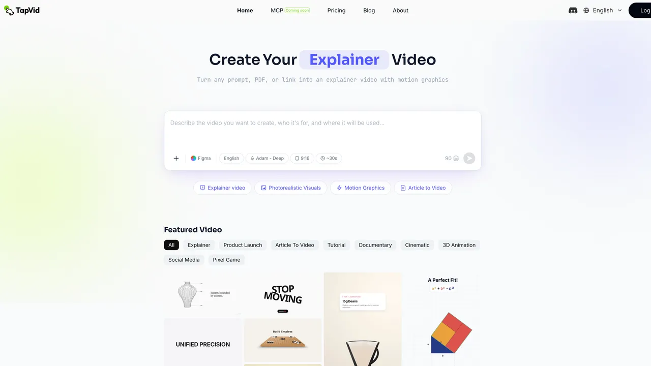 TapVid — TapVid is a code-generated visual Explainer Video Engine. Describe what you want to explain, and the Agent breaks it into a script, storyboard, and motion — producing a visualized