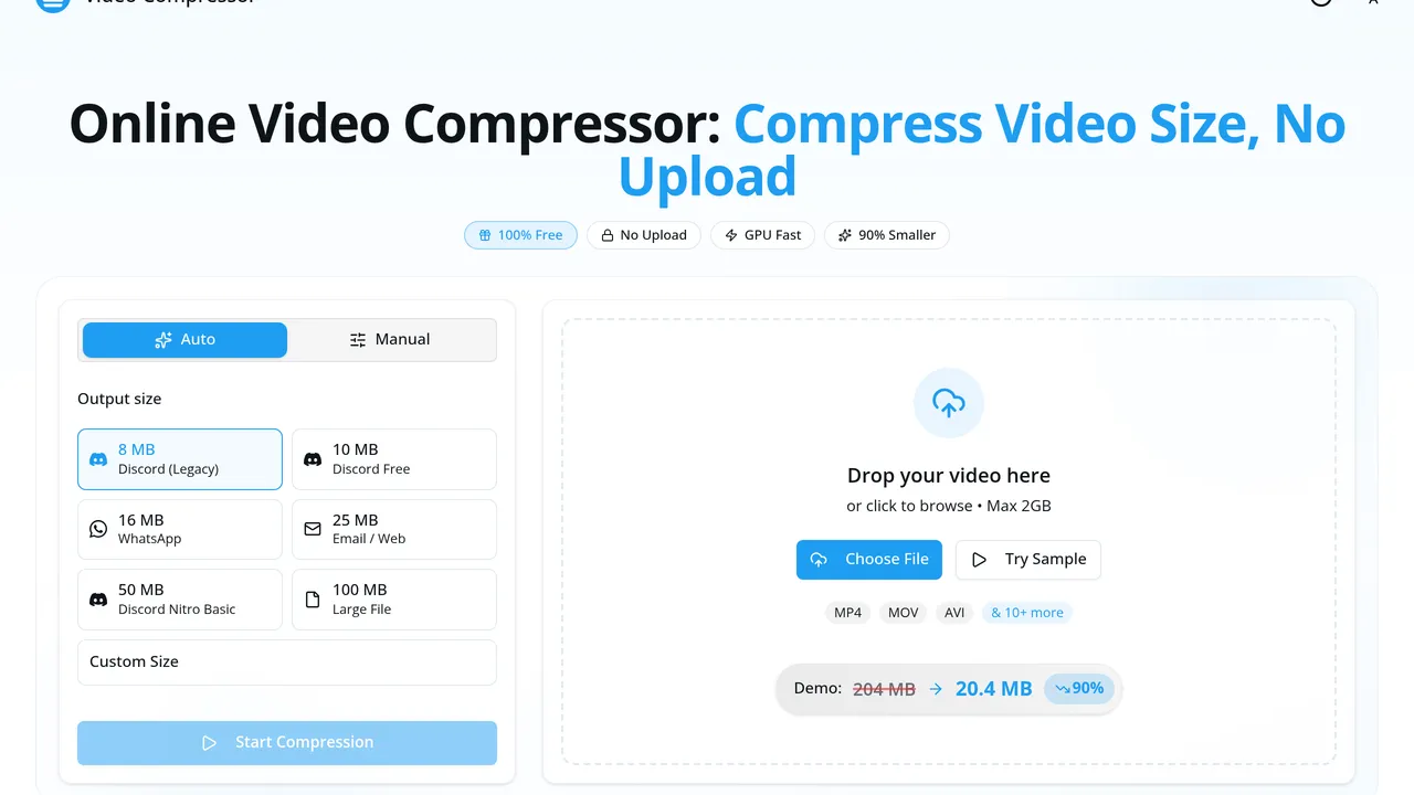 Video Compressor — Compress video files online with our free video compressor, reducing size by up to 90% without uploads, ensuring 100% privacy and instant compatibility with platforms like Discord