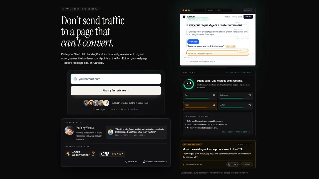 LandingBoost — Audit your SaaS landing page and get one prioritized fix recommendation
