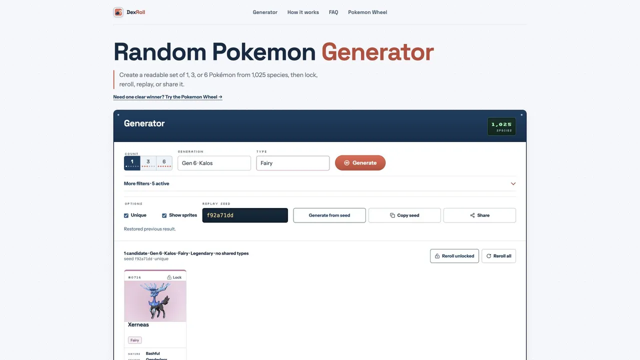 Random Pokemon Generator — Reproducible Pokemon draws for drawing prompts and creative challenges
